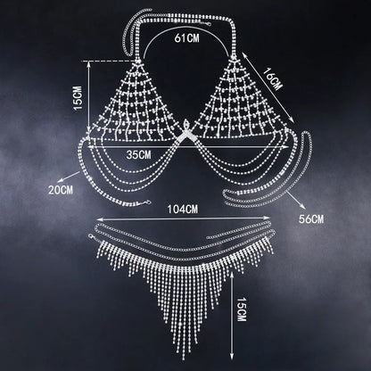 Sexy Rhinestone Bra And Thong Set For Women Bikini Nightclub Prom Body Chain Mesh bra tassel Underwear Hollow Jewelry