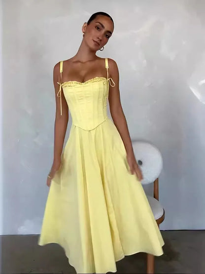 Boho Inspired yellow cotton midi dress women corset sexy summer dress fish boned slim fit strapless elegant party dresses ladies