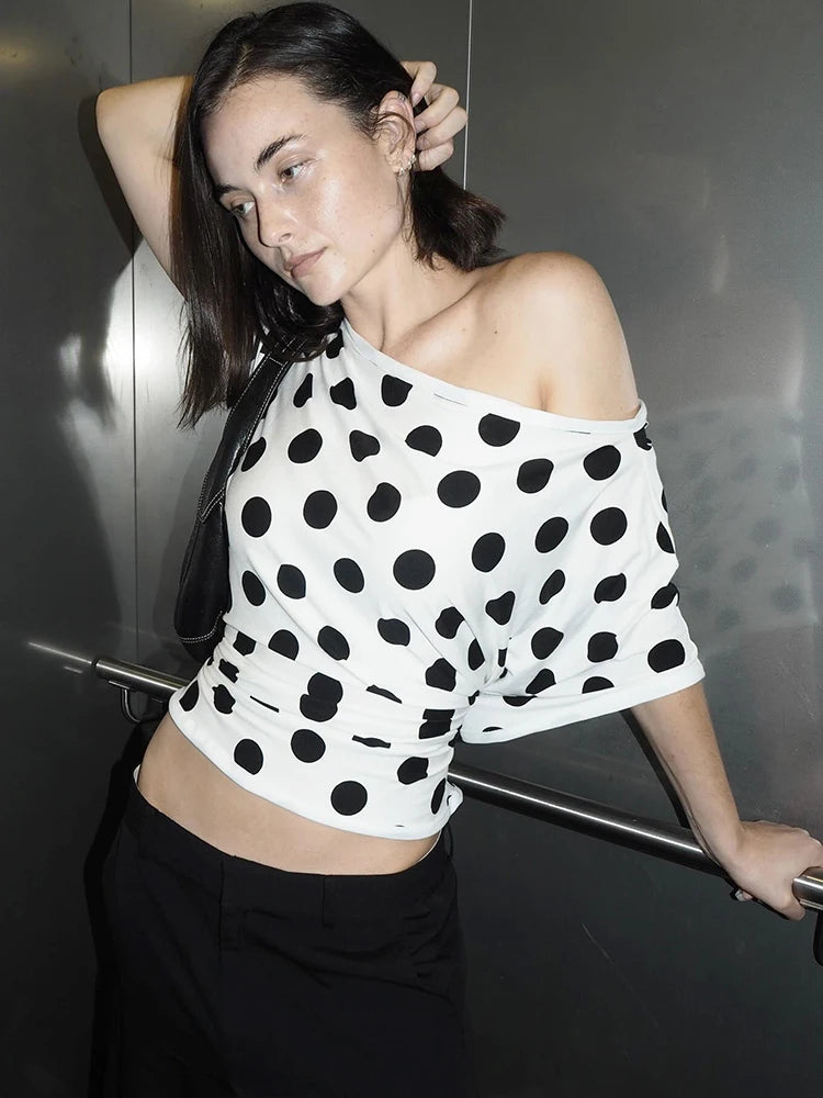 JULISSA MO Sexy One Shoulder Print Polka Dot Women T-shirt White Short Sleeve T-shirt Female Spring Loose Casual Streetwear 2025