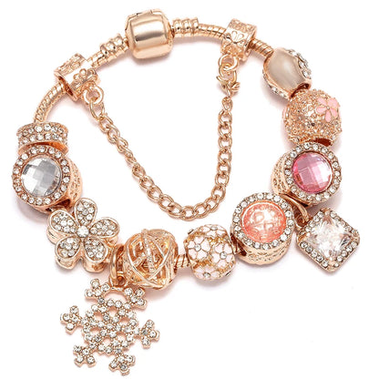 Spring Style Charms Bracelets For Women With Snake Chain Pink Daisy DIY Charms Beads Pendants Fashion Jewelry Dropshipping