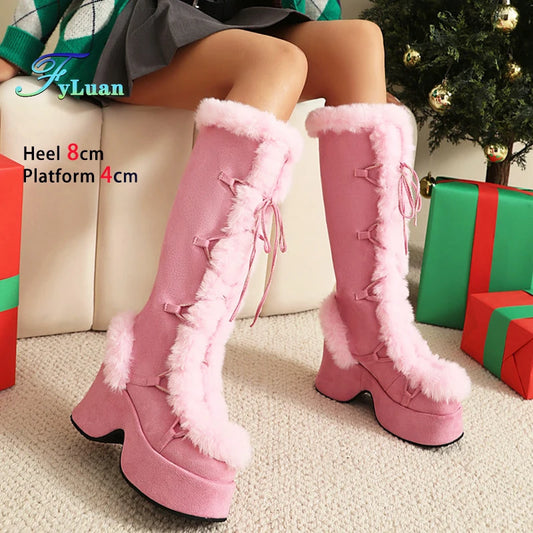 8CM Chunk Heels Winter Warm Knee High Boots Women Snow Short Plush Platform Boots Faux Fur Cosplay Lace-up Long Shoes Size 34-43