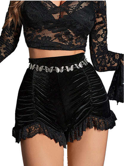 Goth Mall Gothic Velvet Ruched Sexy Shorts Skirts E-girl Grunge High Waist Skinny Bottoms Women Lace Hem Autumn Alt Clothes