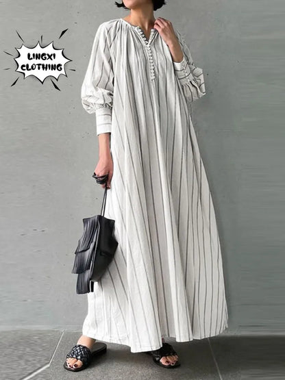 Women's 2023 Cotton Linen Stripe Round Neck Long Sleeve Simple Loose Long Pullover Dress Vintage Elegant Women's Dress Robe