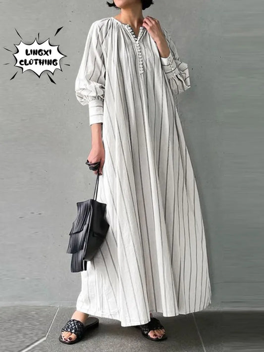 Women's 2023 Cotton Linen Stripe Round Neck Long Sleeve Simple Loose Long Pullover Dress Vintage Elegant Women's Dress Robe
