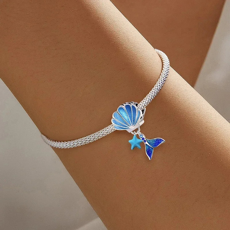 925 Sterling Silver Jellyfish Seahorse Blue Ocean Series Charms Beads Fit Diy Bracelet Making Gift of Fine Jewelry for Womens