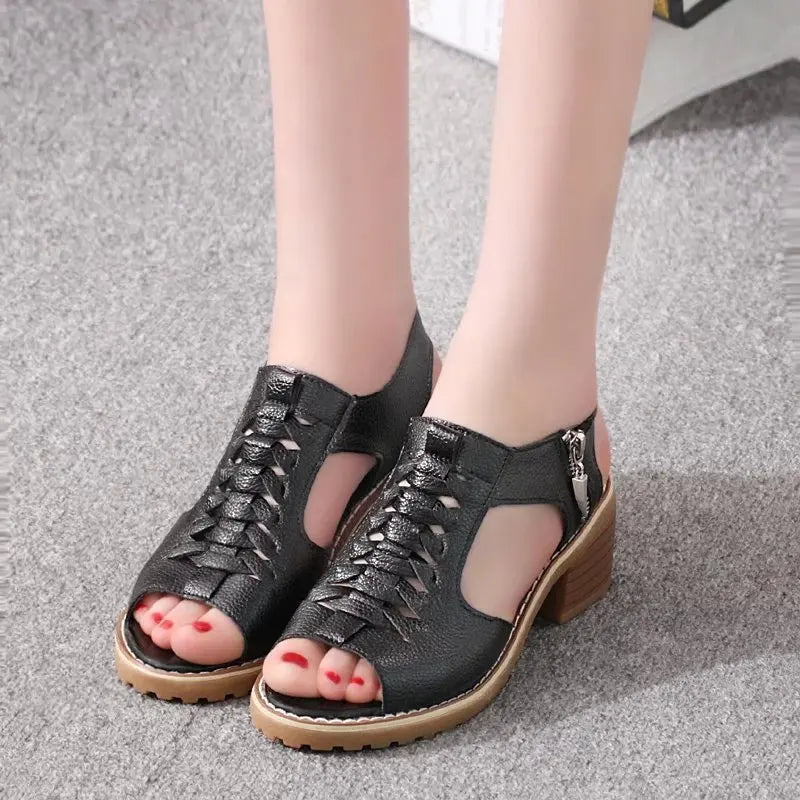 Comemore 2021 New Women's Square Heel Summer Shoes Leather Zip Gladiator Sandals Medium Heel Zip Platform Sandals High Heels 43