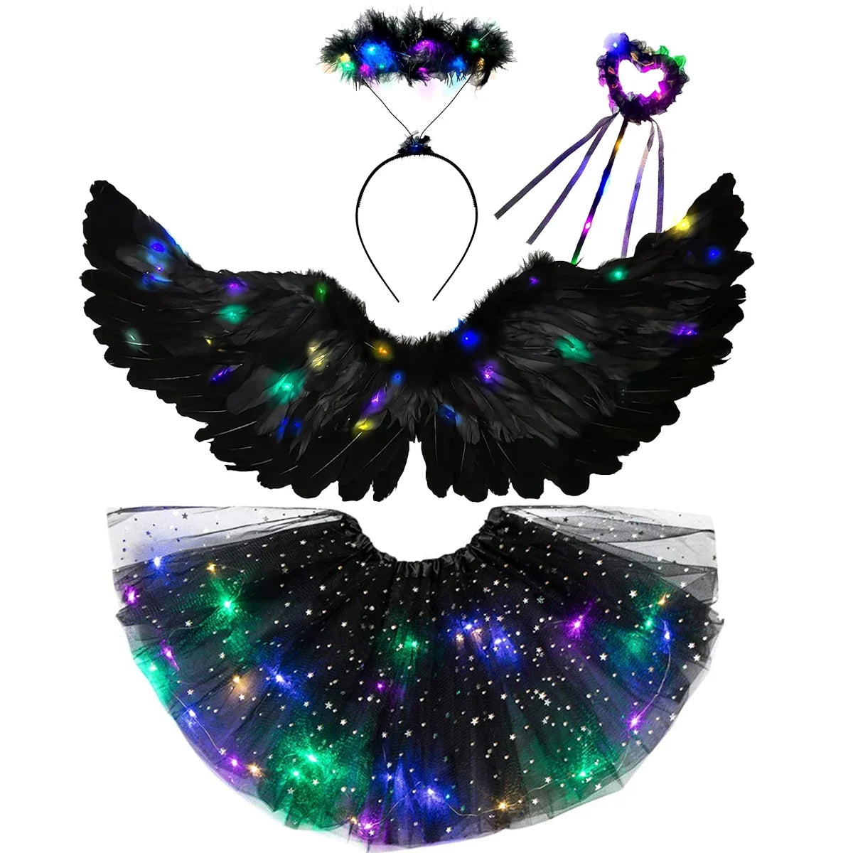 Light up angel costume for girls with feathered wings, sparkling skirt, and twinkling accessories