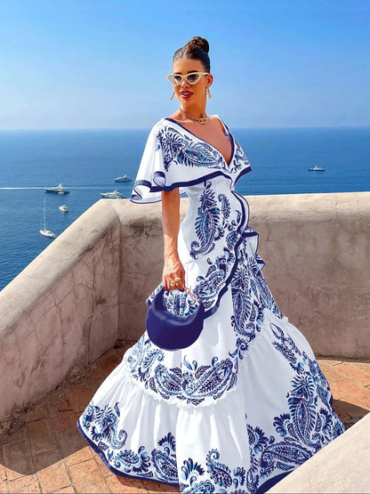 New Shadow Cap Midi Dresses Women Cloak Sleeves Dress V Neck Halter Boho Summer Party Evening Female Vestidos Robe Summer