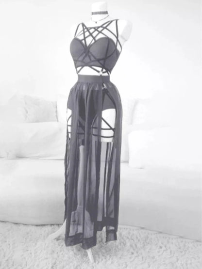 2024 Gothic Club Corsets Sexy Skirt Set See Through Mesh Backless Women Sleeveless Dark Crop Tops Bandage Underpants Skirt 3 pcs
