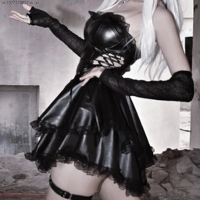 EtherealBe gothic black party dress for women with lace sleeves and a flared skirt