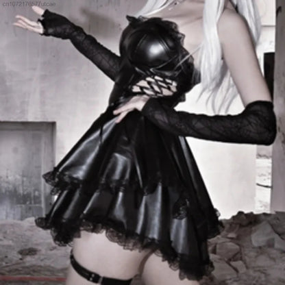 EtherealBe gothic black party dress for women with lace sleeves and a flared skirt