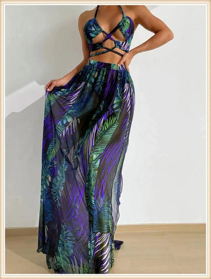 3 Pieces Tie Dye Cross Bikini 2025 Women Sexy Halter Swimsuit & Cover Up Pants Swimwear Bathers Bathing Swimming Suit Beachwear