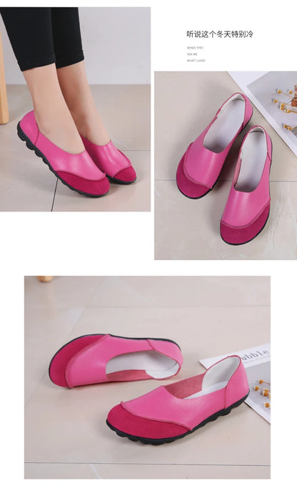 Women's shoes casual flat walking low heel loafers leather solid color large size casual single shoe work shoes44
