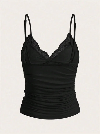 Sexy Contrast Lace Bow Front Crop Cami Top Women 2025 Summer Grunge Punk Y2K Clothes Ruched Skinny Backless Tee Shirt