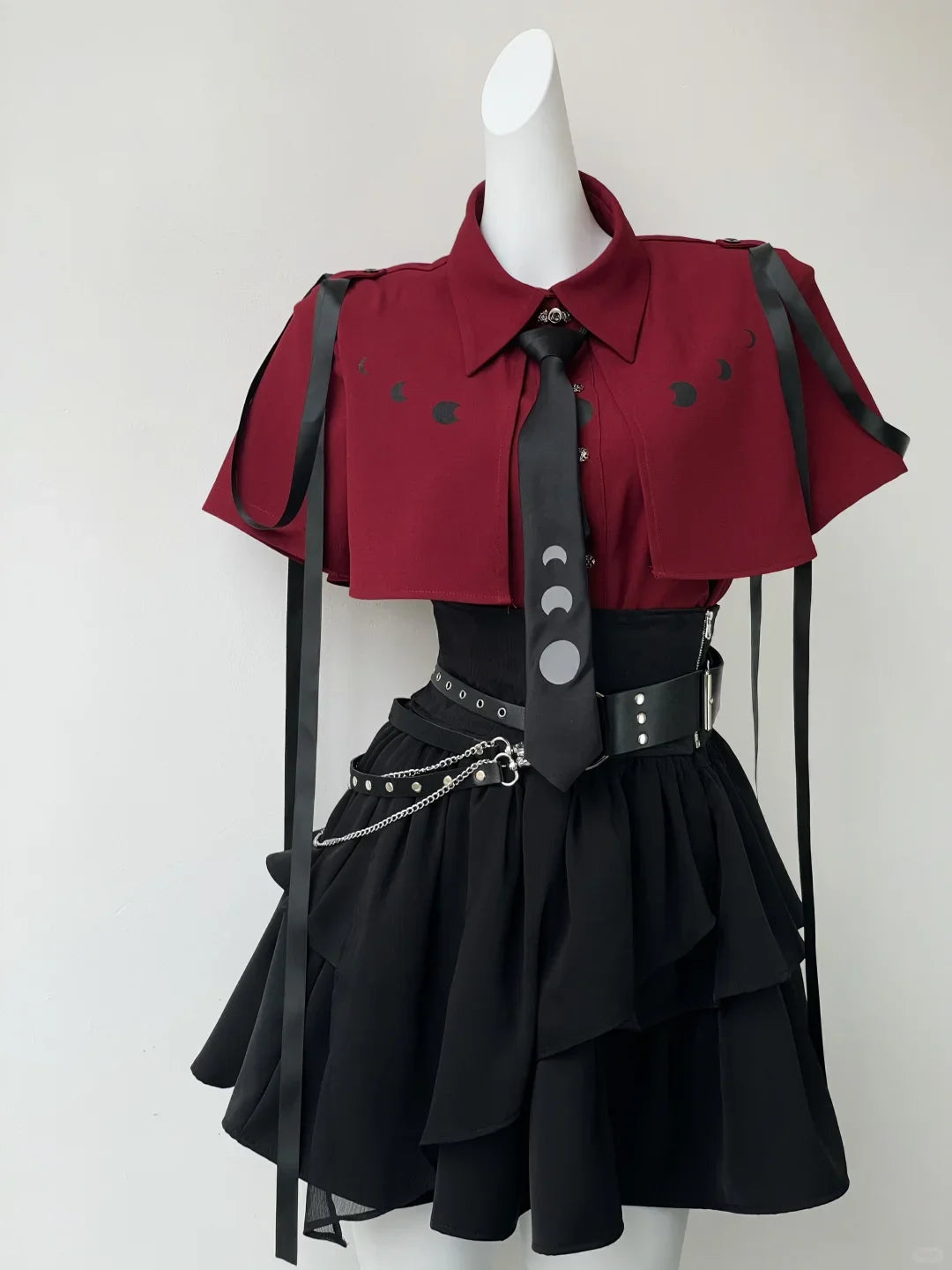 Gothic Harajuku 2 Piece Sets Womens Vintage Y2k Crop Top Blouse + Black High Waist Retro Skirt Belt Party Vintage Sets Chic