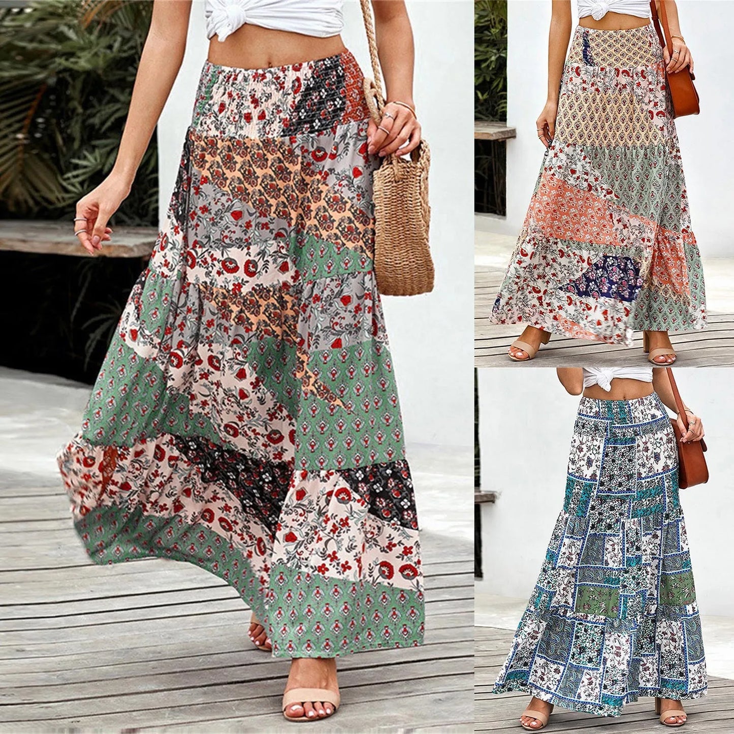 Women Skirts New Fashion All-Match Skirt Loose Elastic Waist Floral Print Ethenic Style Boho Skirt Bohemian Vintage Skirt