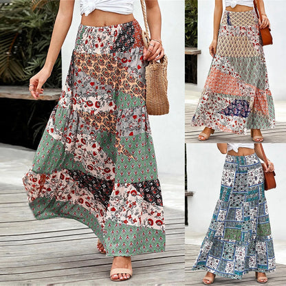 Women Skirts New Fashion All-Match Skirt Loose Elastic Waist Floral Print Ethenic Style Boho Skirt Bohemian Vintage Skirt