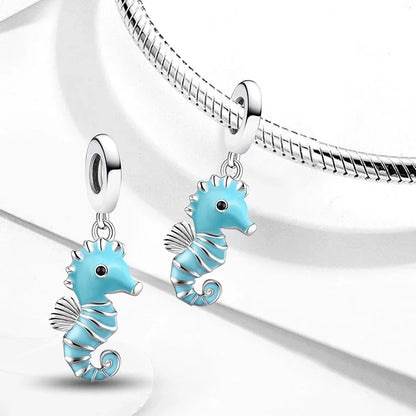 925 Sterling Silver Jellyfish Seahorse Blue Ocean Series Charms Beads Fit Diy Bracelet Making Gift of Fine Jewelry for Womens