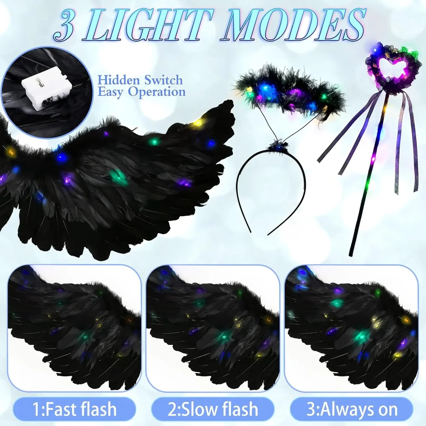 EtherealBe light up angel costume for girls featuring colorful lights and feathered wings