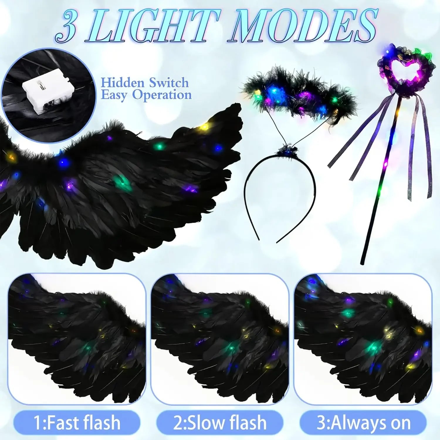 EtherealBe light up angel costume for girls featuring colorful lights and feathered wings