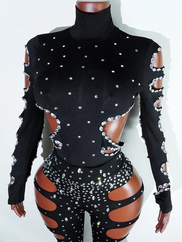 rhinestHollow Out Sexy Black Women Bodysuit pants Sets Long Sleeve Turtleneck Bodysuits Clubwear Costumes Stars Hot Singer Stage