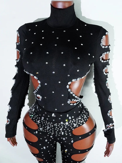 rhinestHollow Out Sexy Black Women Bodysuit pants Sets Long Sleeve Turtleneck Bodysuits Clubwear Costumes Stars Hot Singer Stage