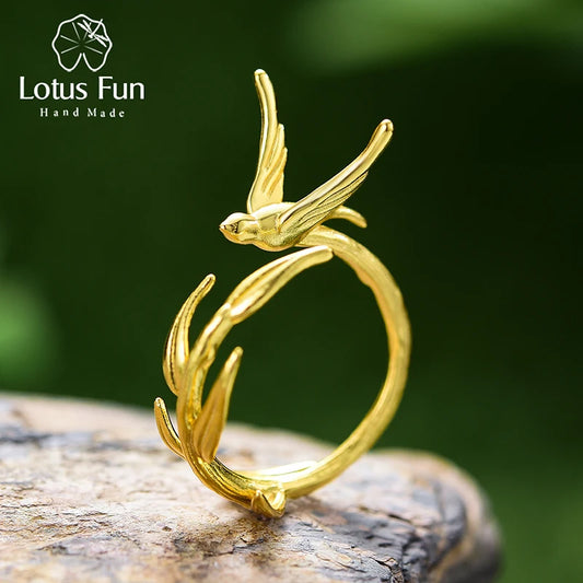 Lotus Fun 18K Gold Swallow Willow Branch Unusual Asymmetrical Rings for Women Real 925 Sterling Silver Original Fine Jewelry