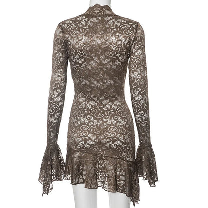 Spring  Sexy V-Neck Lace Dress with Pleated Edge See-through Short Skirt for Women European And American Cross-Border Fashion