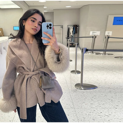 2025 Chic Lapel Plush Coat With Belt Women Vintage Solid Faux Fur Sleeve Tweed Open Coats Female Autumn Casual Street Outwear