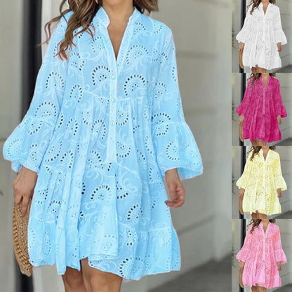 Plus Size S-5XL Hollow Out Dresses for Women Summer Elegant Solid Embroidered Lace Dress Loose Holiday Beach Mini Dress White