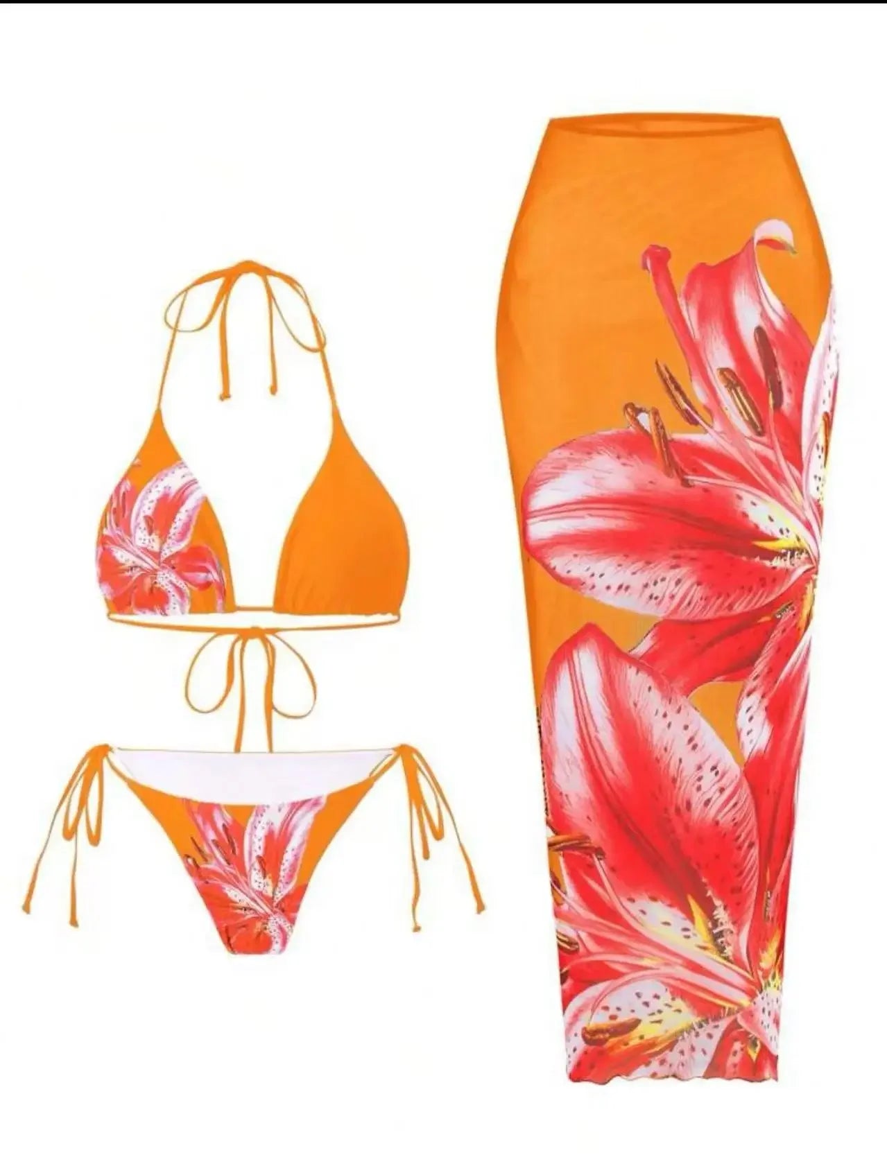 Sexy Print Three-piece Swimsuit Set Charms Lilies Limited Edition Bikini Set Attractiveness Sensuality Fashionable Women's Wear