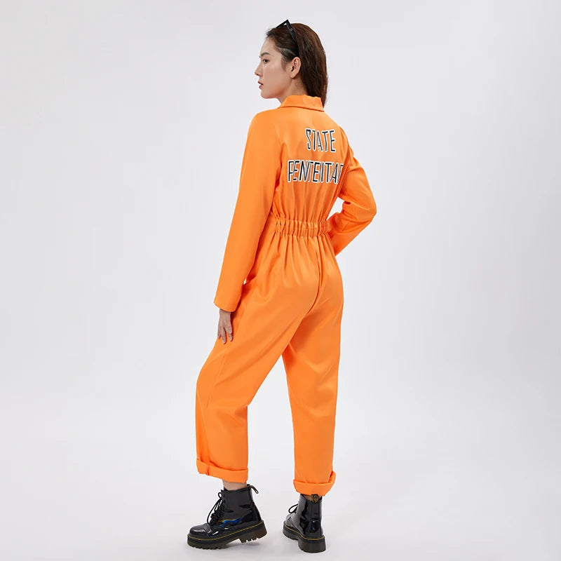 Adult Halloween Orange Prison Jumpsuit Costume Letter Print Long Sleeve Party Cosplay Jail Outfit Playsuit for Men and Women