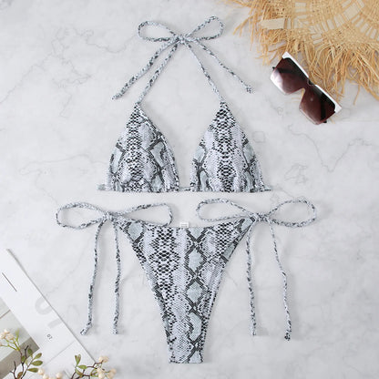 Snake Print 2-piece Swimsuit for Women,2024 New Triangle Bikini,summer Beach Vacation Suspender Backless Lace-up Bathing Suit