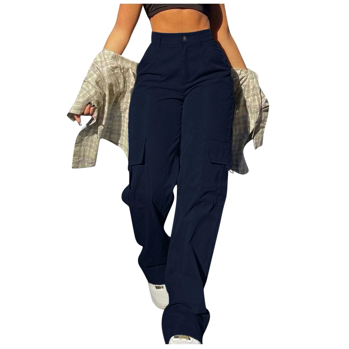 Ladies' Street Fashion Multi Pocket Cargo Pants Summer Solid Color Straight Leg Pants High Waist Slimming Loose Fit Cargo Pants