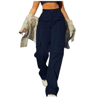 Ladies' Street Fashion Multi Pocket Cargo Pants Summer Solid Color Straight Leg Pants High Waist Slimming Loose Fit Cargo Pants