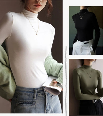 Women's Solid Innerwear Pullovers Sweaters Autumn Winter Casual Long Sleeve Bottoming Tops High Quality Half-High Collar Jumpers