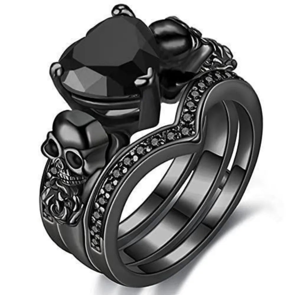 Gothic Skull Black Rings Set Women Rose Flower Red Purple Heart Zircon Crystal Christmas Anniversary Party Biker Jewelry