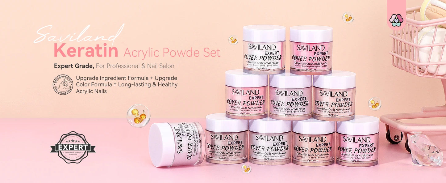 Saviland Professional Acrylic Powder Set 10g x 10 Clear Nudes Pink Ultra Fine Keratin Formula Quick Dry for Salon Nail Art
