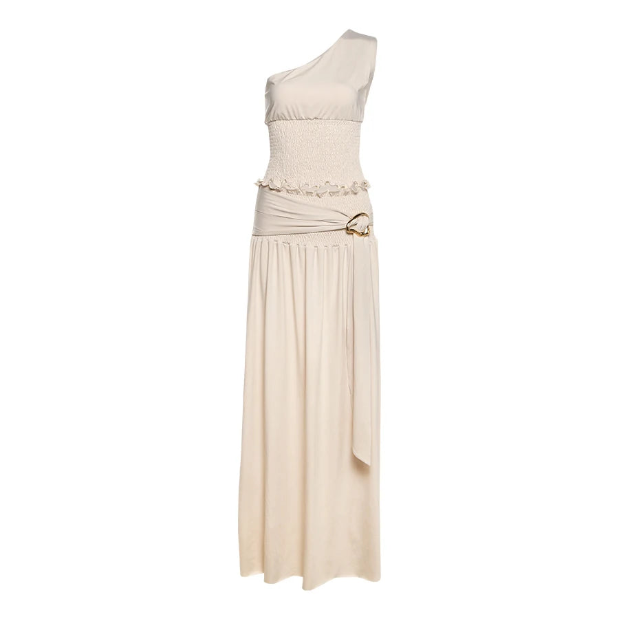 Nibber Solid Ruched Elegant 2 Piece Set Women Skew Collar Backless Crop Tops+Metal Buckle Decoration Skirts Matching Outfits