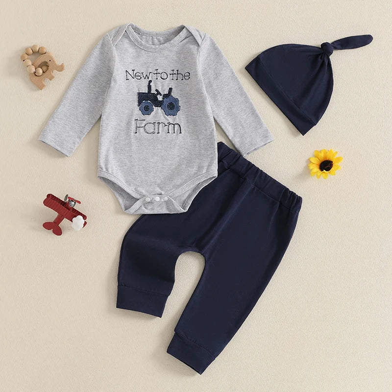 Toddler boys tractor outfit set featuring long-sleeve shirt, pants, and matching hat for farm-themed fun