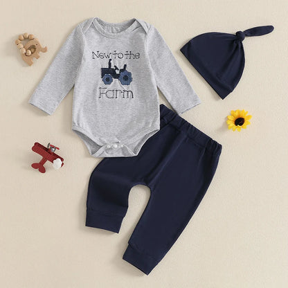 Toddler boys tractor outfit set featuring long-sleeve shirt, pants, and matching hat for farm-themed fun