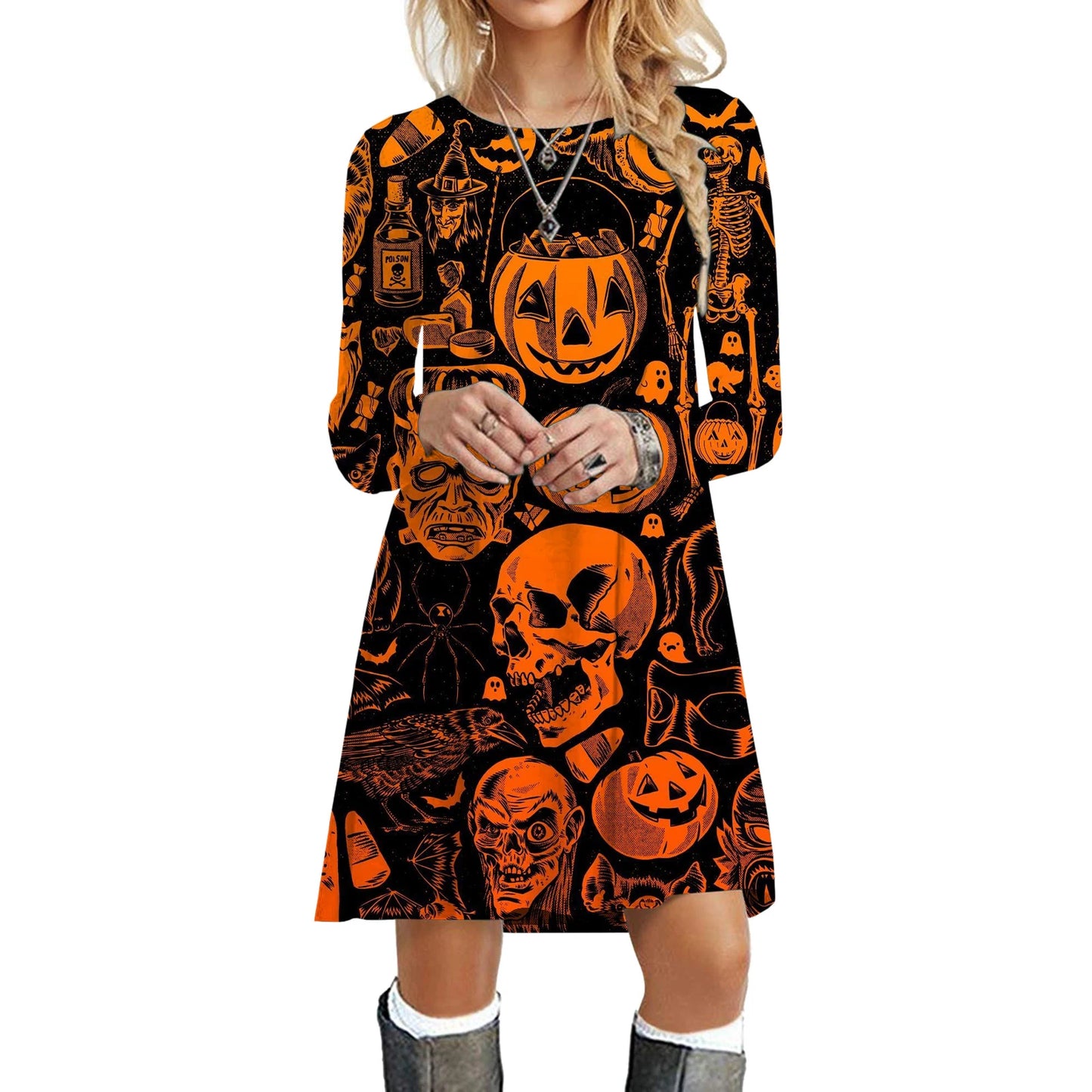 Halloween Party Dresses For Women Funny Cats 3D Pumpkin Print Dress Autumn Winter Fashion Long Sleeve Kawaii Dress Oversize 2023