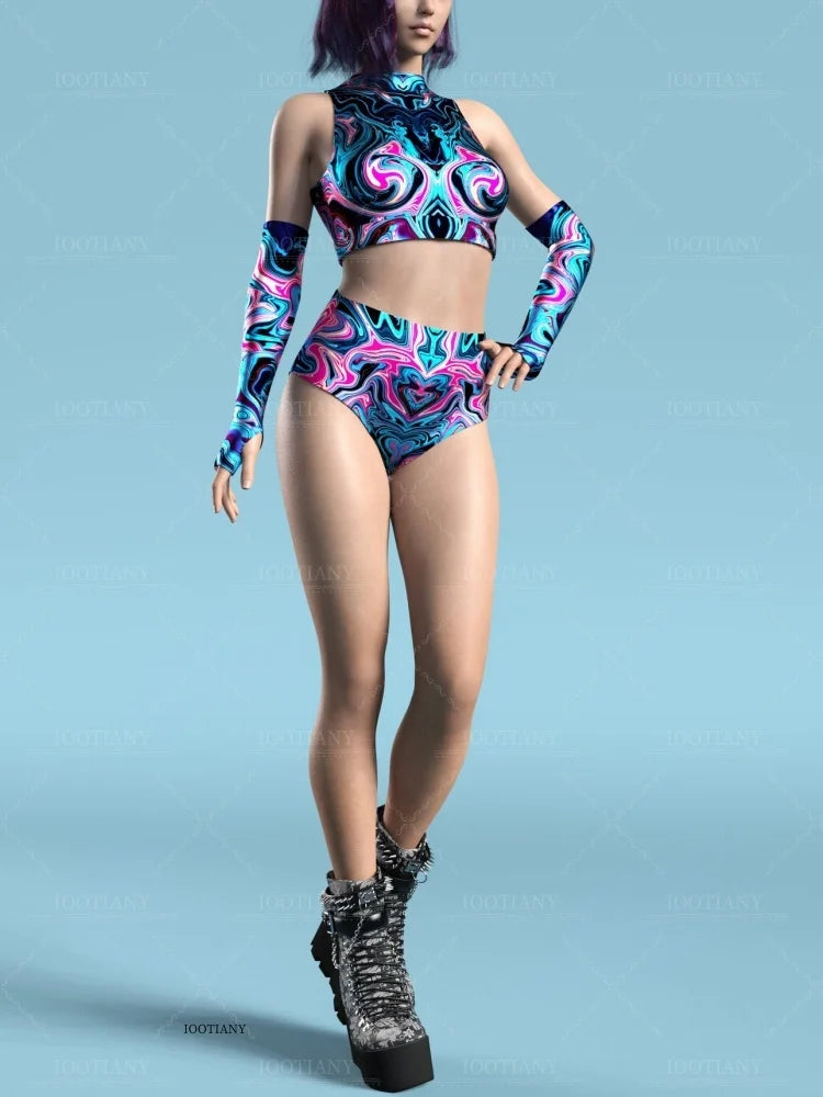 Adult Sleeveless Multicolor Role Play Bodysuit Swimsuit Women Sexy Hollow Off Shoulder Graffiti Art Bodycon Performance Costume