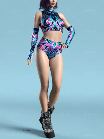 Adult Sleeveless Multicolor Role Play Bodysuit Swimsuit Women Sexy Hollow Off Shoulder Graffiti Art Bodycon Performance Costume