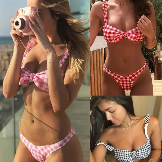 Sexy Pink Plaid Bikini Set Women Push Up Swimsuit Strap 2 Piece Set Swimwear Women Bathing Suit Halter Top Biquini Female