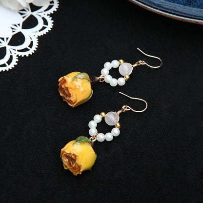 Unique Immortal Flower Earrings Elegant Natural Flower Pearl Drop Earrings Statement Jewelry Epoxy Resin Real Rose Earring 2024