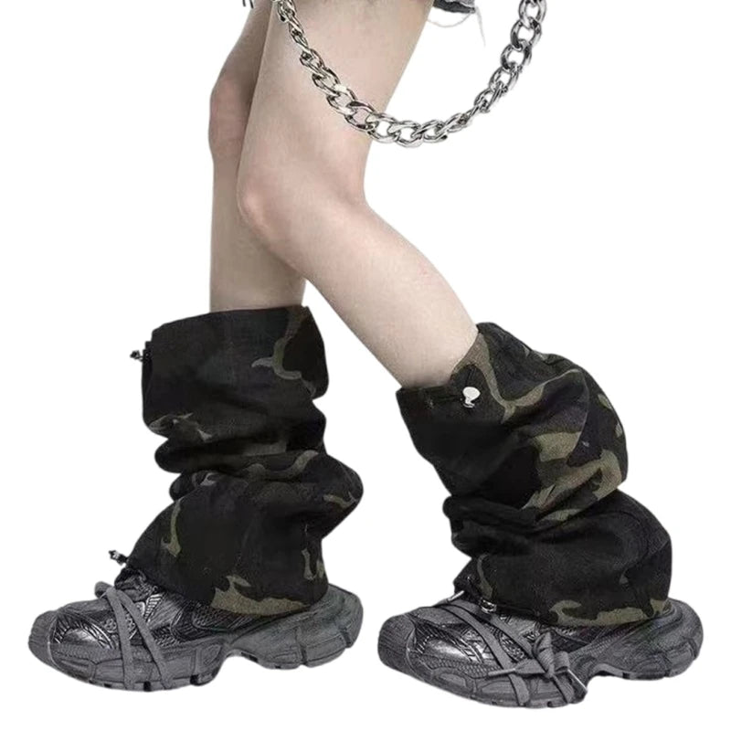 Women Harajuku Leopard Camouflage Leg Warmers Tiered Ruffled Knee Length Boot Cover Flared Footless Socks Streetwear 50cm/42cm