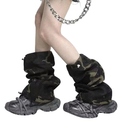 Women Harajuku Leopard Camouflage Leg Warmers Tiered Ruffled Knee Length Boot Cover Flared Footless Socks Streetwear 50cm/42cm