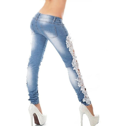 Hollow Out Floral Lace Pants Women Loose Applique Fashion Pencil Denim Jeans Women's Lifts Buttock Jeans Ladies Large Size Pants