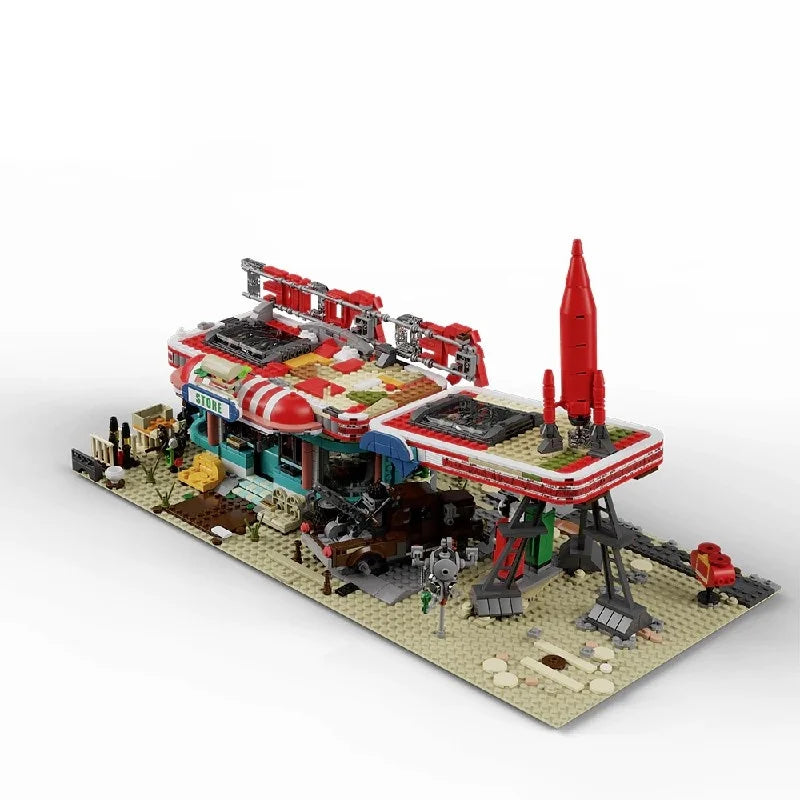 Movie Game Red Abandoned Gas Station Architecture Doomsday MOC House Modular Building Blocks Model Kit Adult Kid Gift 2221PCS